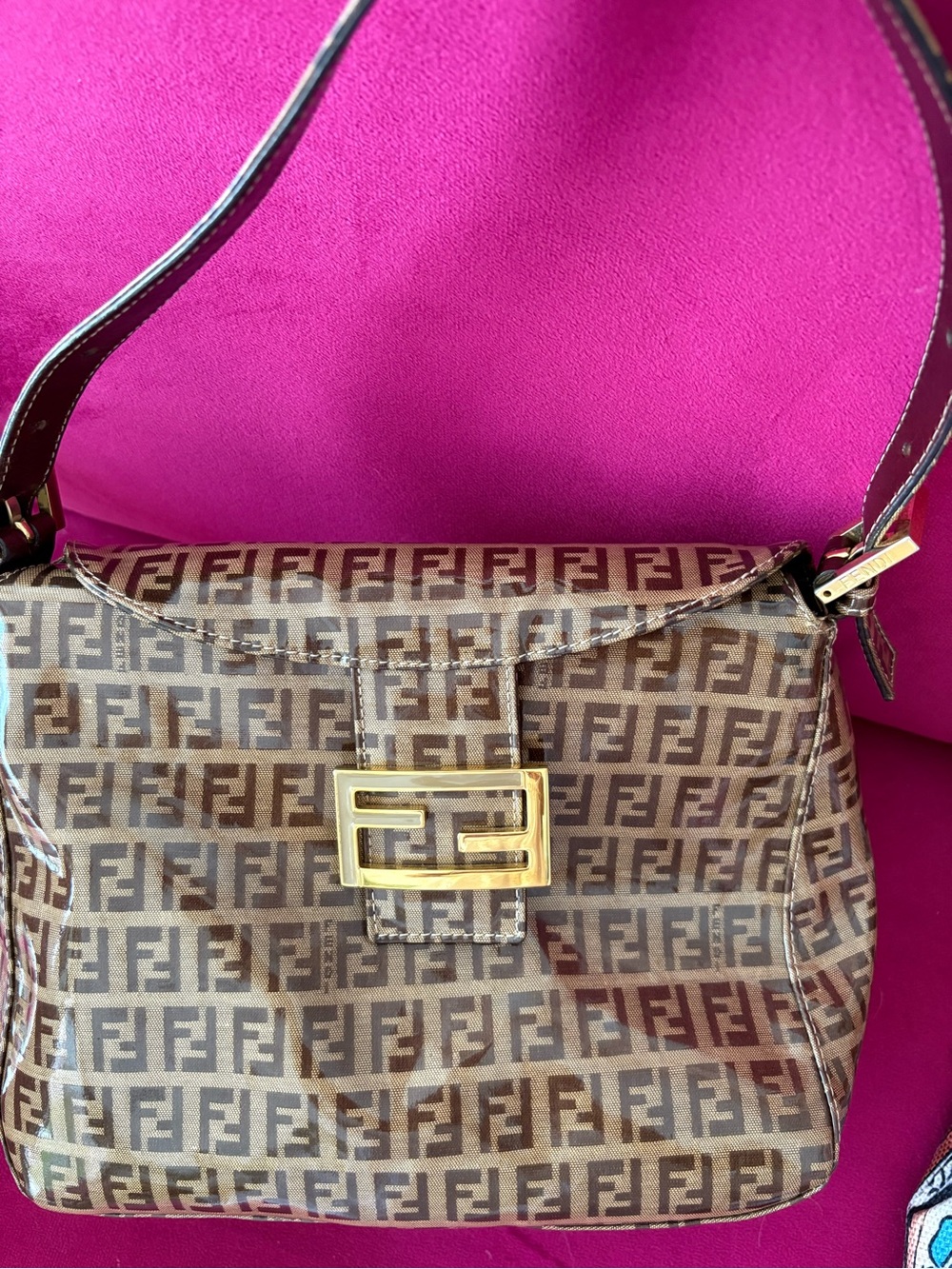 Fendi Brown Zucca FF Canvas Shoulder Bag with Gold-Tone Buckle